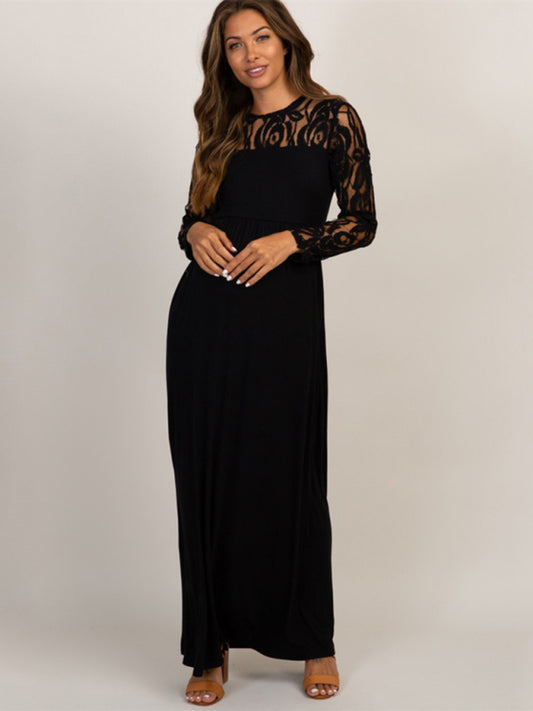 Women’s Lace Adorned Neckline And Long Sleeves Maxi Maternity Dress