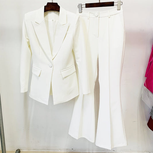 White tailored blazer and matching high waisted flare pants blazer set for women by EtherealBe