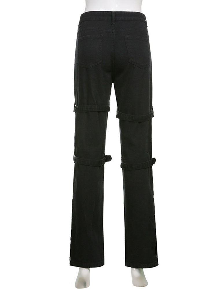 Back view of black buckle eyelet pocket goth pants by EtherealBe showing rear pockets and thigh strap buckles