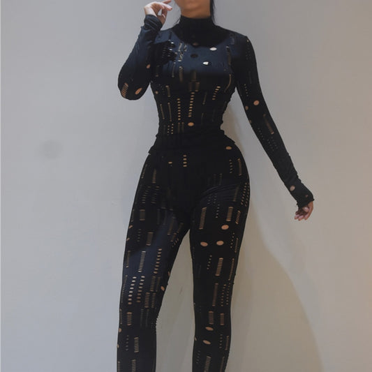EtherealBe black fitted hollow out long sleeve turtleneck outfit with patterned cutouts and snug high waist