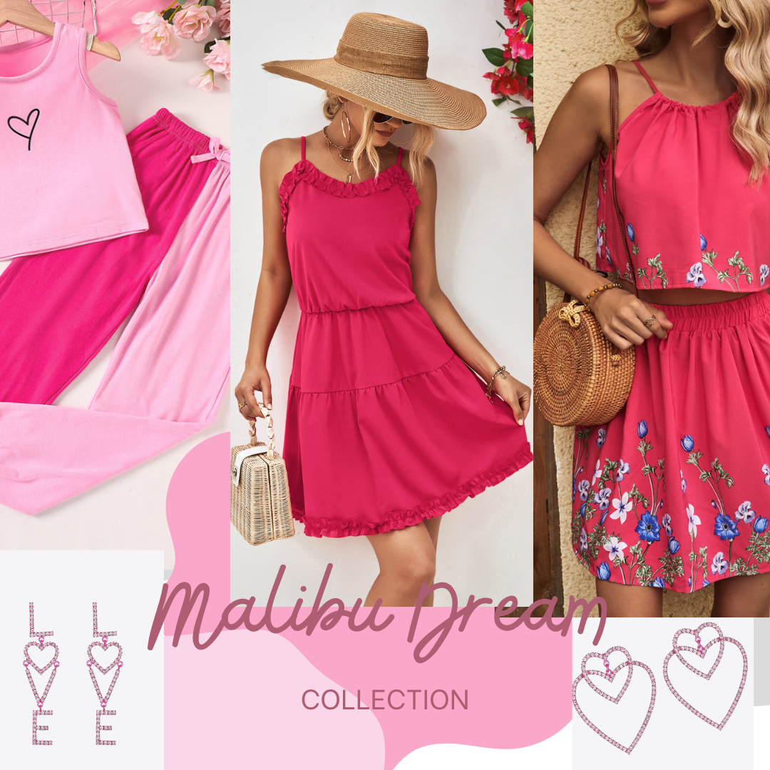 Malibu Dream Collection Featuring Vibrant Summer Outfits and Trendy Accessories in Pink and Floral Designs