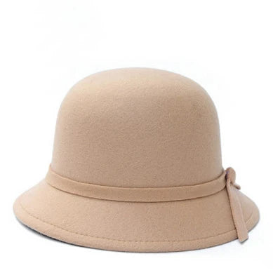 EtherealBe bow bucket cap for women in soft beige fabric, perfect for stylish outdoor wear