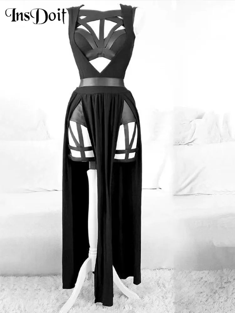 InsDoit Gothic Club Sexy Summer Skirt Set Women Sleeveless Black Corset Crop Top Bandage Underpants Mesh Split Skirt 3pcs Sets