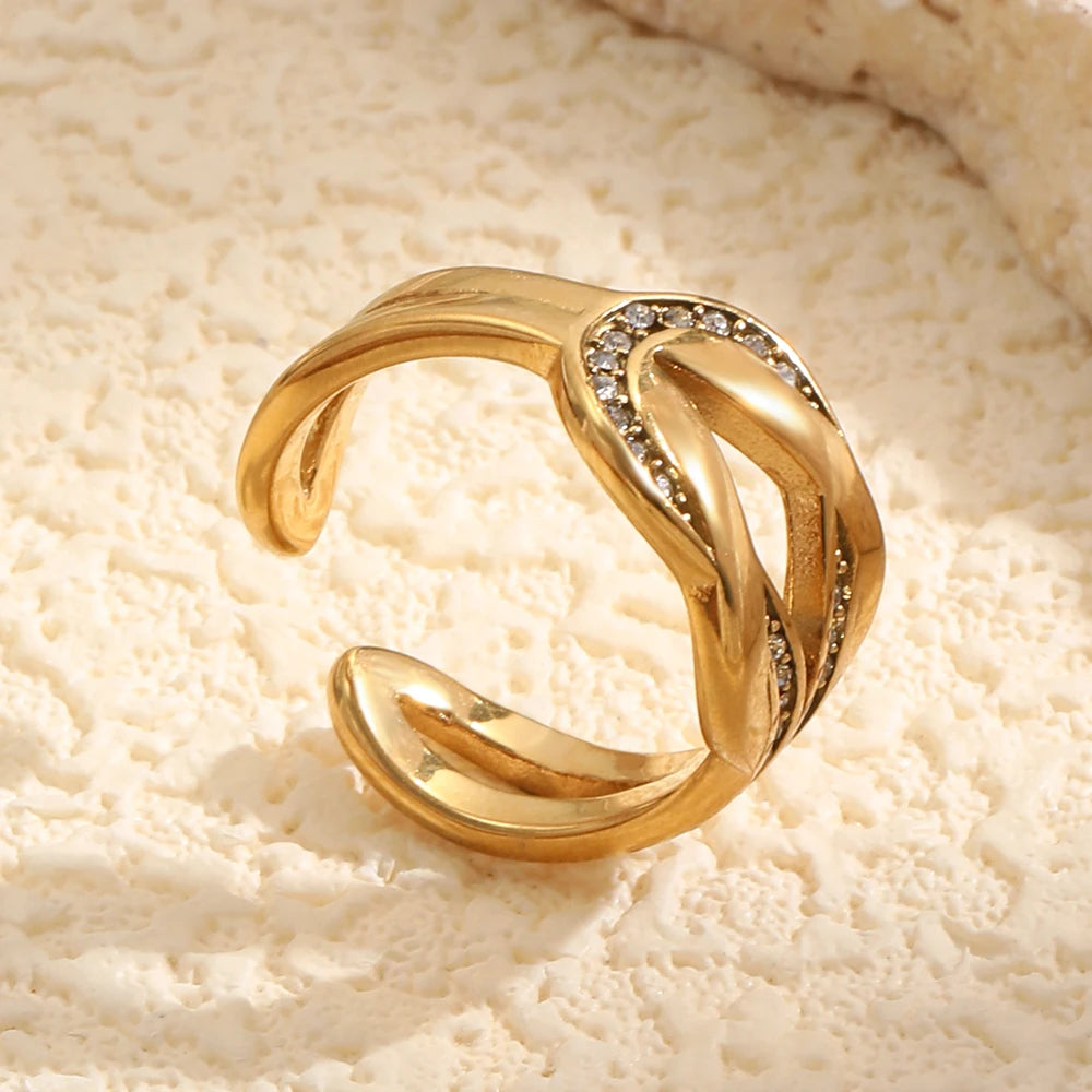 E.B.belle 18K Gold Plated Interwoven Open Rings Crystal Stainless Steel Minimalist Rings For Women Waterproof Jewelry For Gift