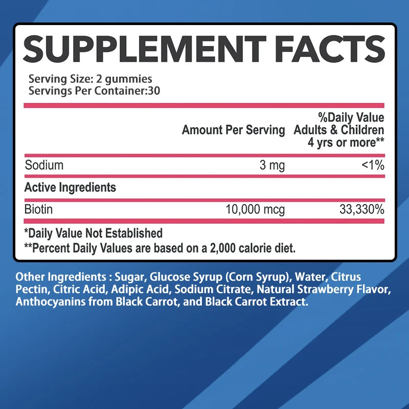 Biotin Gummies - Supports Hair Growth, Healthy Skin and Nails, Anti-aging, Brightens Skin Tone - 60 Gummies