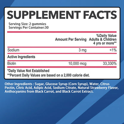 Biotin Gummies - Supports Hair Growth, Healthy Skin and Nails, Anti-aging, Brightens Skin Tone - 60 Gummies