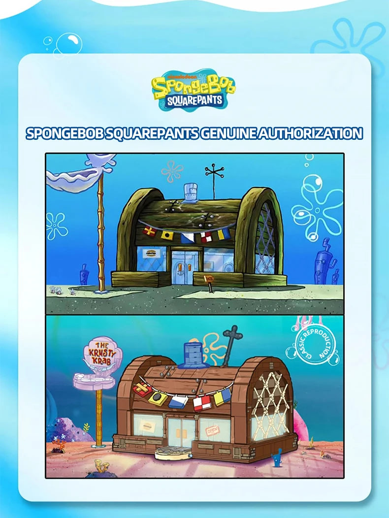 Spongebob Cartoon Krusty Krab Restaurant Building Blocks Creative Canteen Scenes Model Bricks Desktop Ornaments Toy For Kid Gift