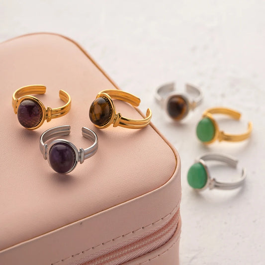 Uworld Stainless Steel Reiki Healing Stone Natural Amethysts Agates Open Ring Waterproof Fashion Party anillos para hombres