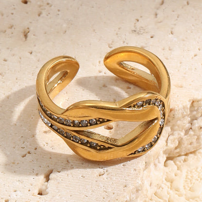 E.B.belle 18K Gold Plated Interwoven Open Rings Crystal Stainless Steel Minimalist Rings For Women Waterproof Jewelry For Gift