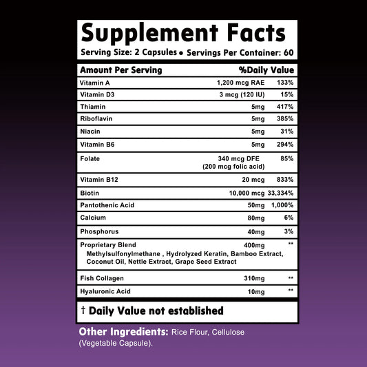 Biotin - Nail, Hair and Skin Health Support, Skin Texture Improvement, Anti-aging - 120 Capsules