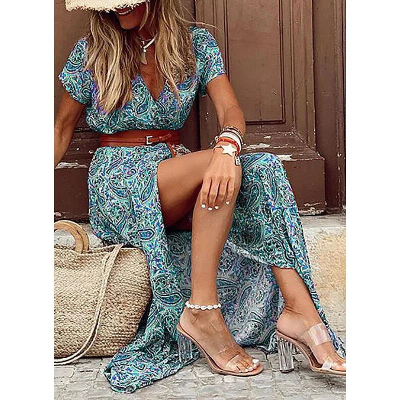 Women Bohemian Vintage Bohemian Dresses Floral Print Summer Casual Beach Holiday Maxi Dress Belt Large Hem Elegant Vestidos