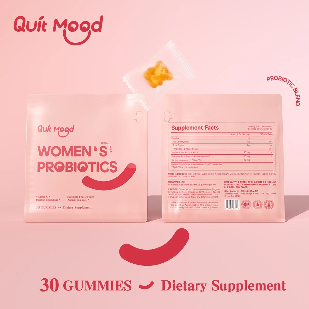 Quitmood Women's Probiotics Feminine ph Balance Gummies -Hawaiian Pineapple - individual package vitamin C