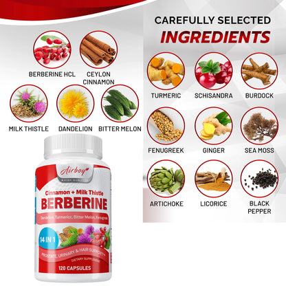 Berberine Capsules - Ceylon Cinnamon, Milk Thistle - Support Glucose Balance, Liver Health, Improves Digestion - 120 Capsules