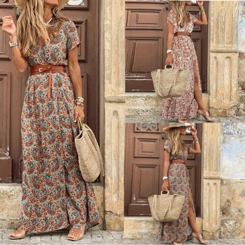 Women Bohemian Vintage Bohemian Dresses Floral Print Summer Casual Beach Holiday Maxi Dress Belt Large Hem Elegant Vestidos