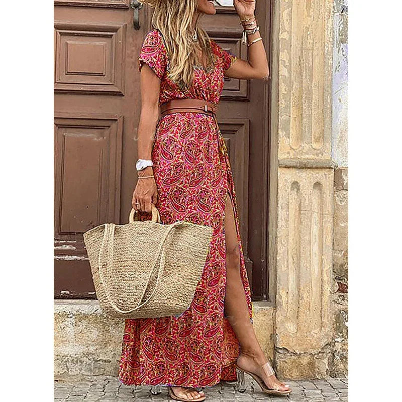 Women Bohemian Vintage Bohemian Dresses Floral Print Summer Casual Beach Holiday Maxi Dress Belt Large Hem Elegant Vestidos