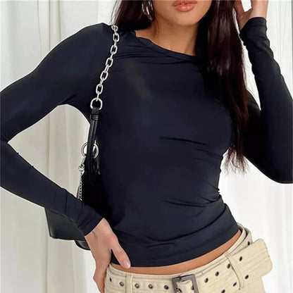 Solid Slim Fit Casual Women Long Sleeve T Shirt Spring Autumn Y2k Streetwear Crop Pullover Top Female O Neck Pullovers Basic Tee