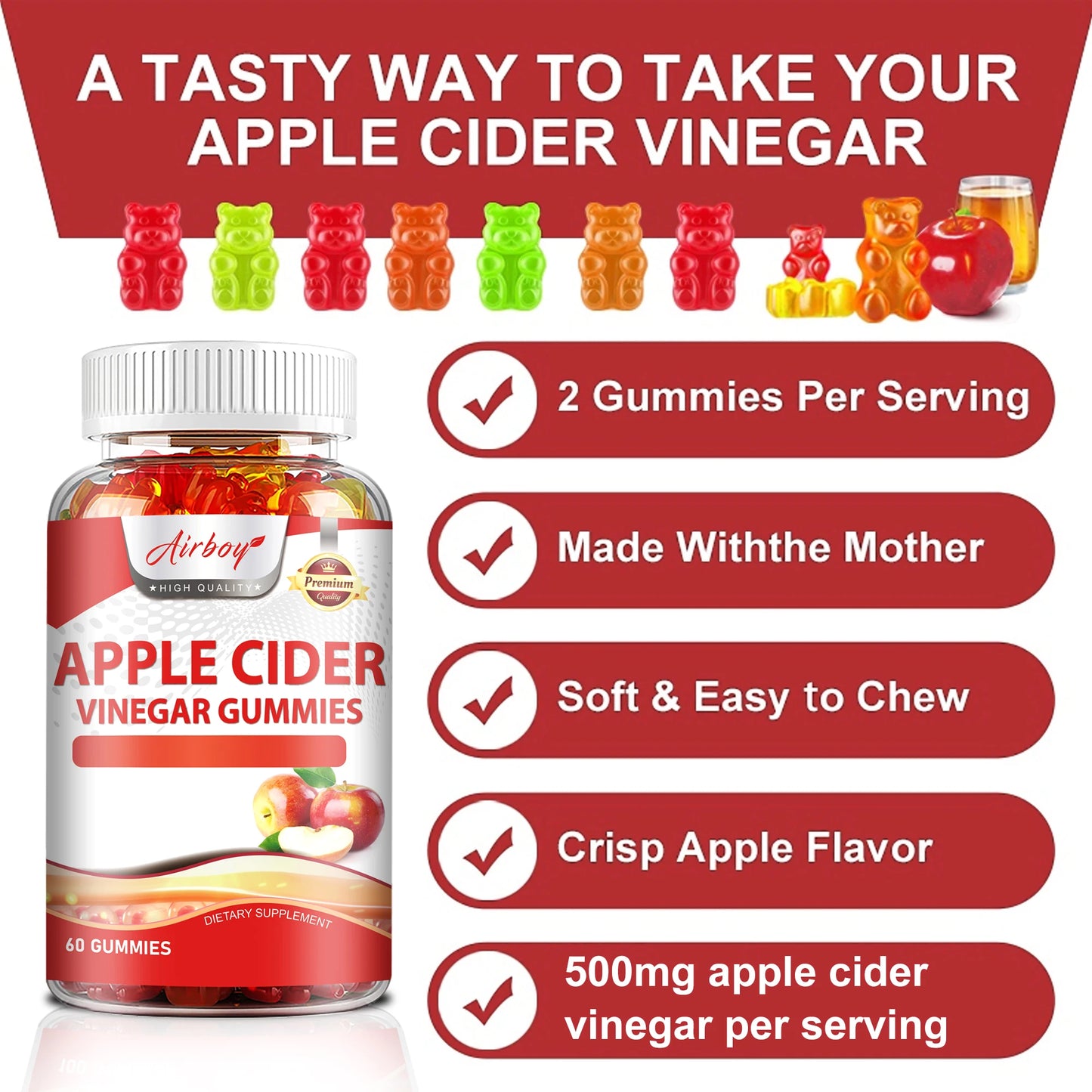 Apple Cider Gummies - Digestive Health Support Relieves Bloating and Constipation Burns Fat and Controls Weight - 60 Gummies