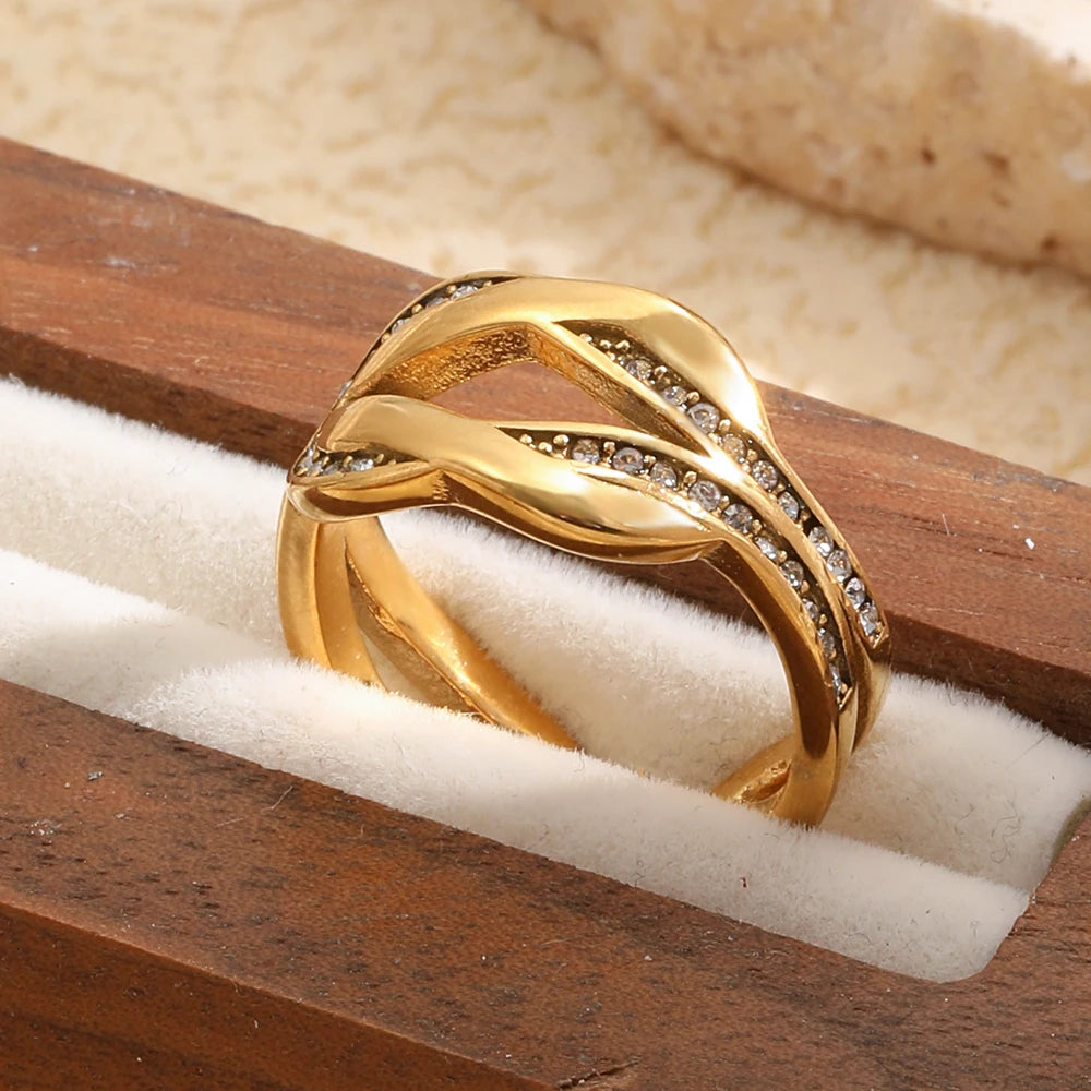 E.B.belle 18K Gold Plated Interwoven Open Rings Crystal Stainless Steel Minimalist Rings For Women Waterproof Jewelry For Gift