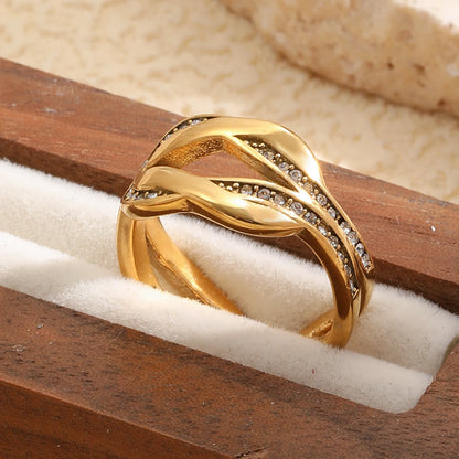 E.B.belle 18K Gold Plated Interwoven Open Rings Crystal Stainless Steel Minimalist Rings For Women Waterproof Jewelry For Gift