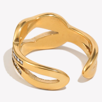 E.B.belle 18K Gold Plated Interwoven Open Rings Crystal Stainless Steel Minimalist Rings For Women Waterproof Jewelry For Gift