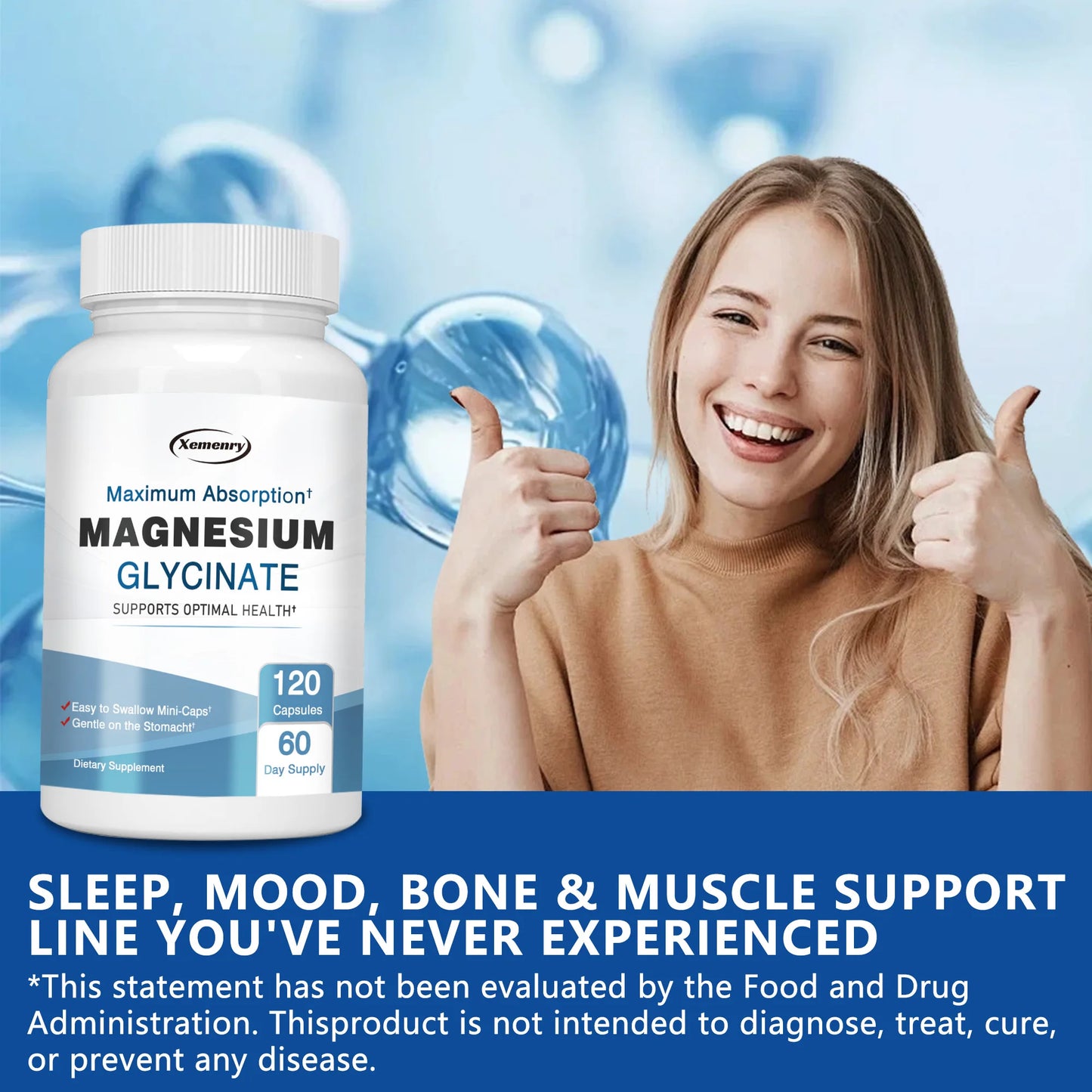 Magnesium Glycinate Capsules - Supports Muscle, Joint and Heart Health, Promotes Natural Sleep - 120 Capsules