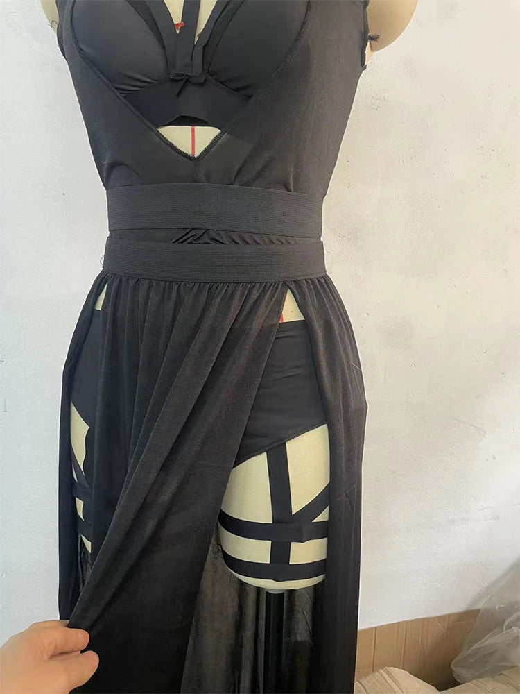InsDoit Gothic Club Sexy Summer Skirt Set Women Sleeveless Black Corset Crop Top Bandage Underpants Mesh Split Skirt 3pcs Sets