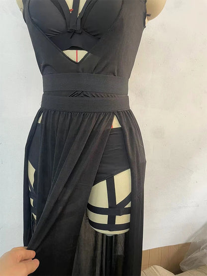InsDoit Gothic Club Sexy Summer Skirt Set Women Sleeveless Black Corset Crop Top Bandage Underpants Mesh Split Skirt 3pcs Sets