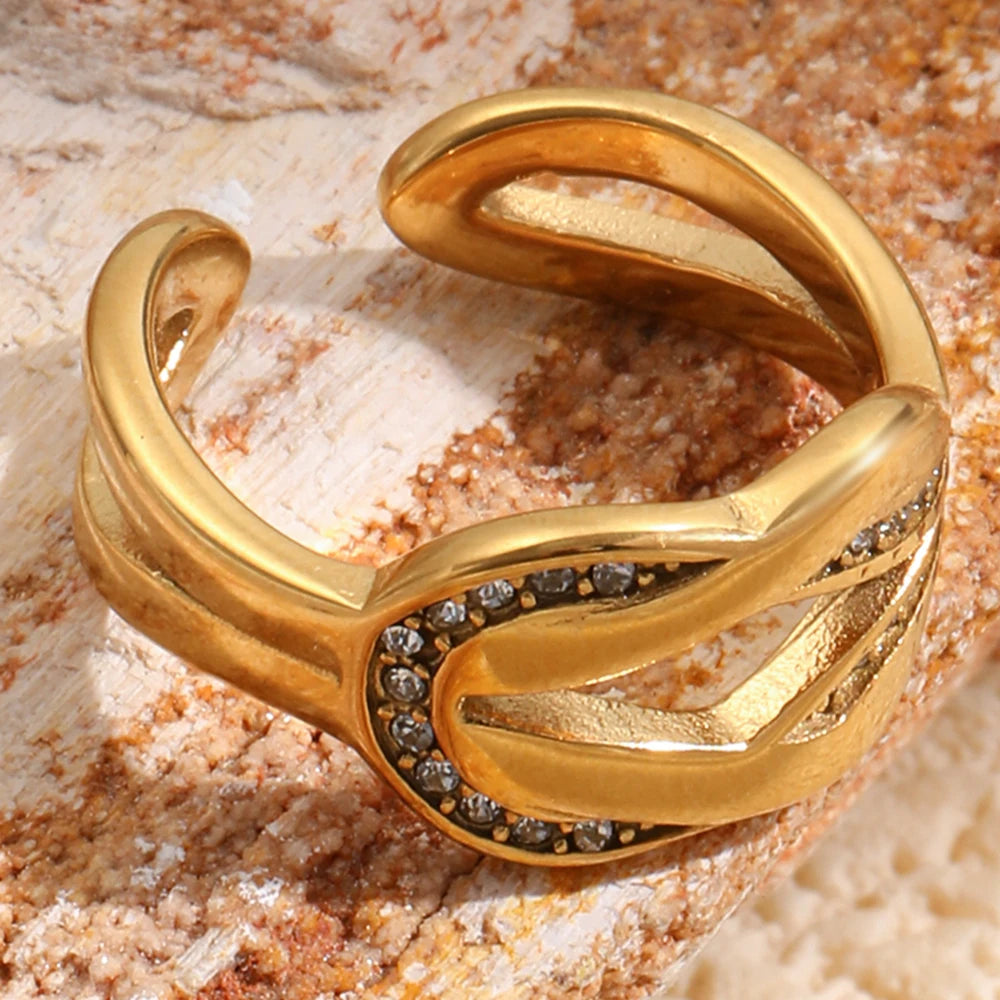 E.B.belle 18K Gold Plated Interwoven Open Rings Crystal Stainless Steel Minimalist Rings For Women Waterproof Jewelry For Gift