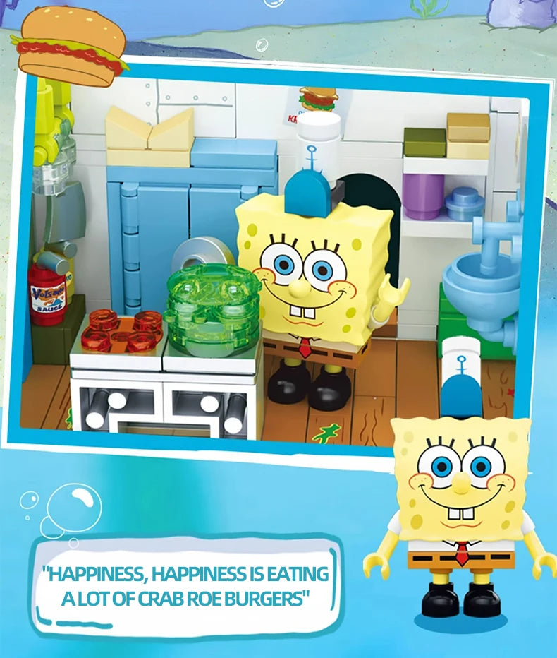 Spongebob Cartoon Krusty Krab Restaurant Building Blocks Creative Canteen Scenes Model Bricks Desktop Ornaments Toy For Kid Gift