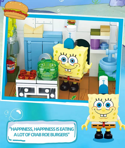 Spongebob Cartoon Krusty Krab Restaurant Building Blocks Creative Canteen Scenes Model Bricks Desktop Ornaments Toy For Kid Gift