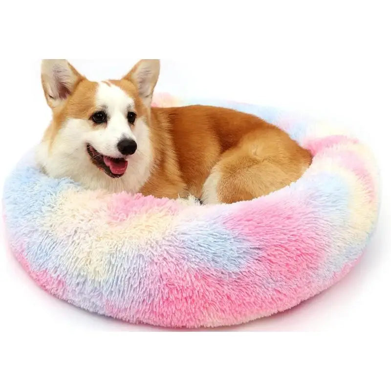 Colorful Anti Anxiety Fluffy Plush Washable Dog Cat Rabbit Bed Calming Donut pet Bed Improve Sleep lbs pet care