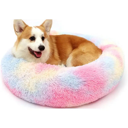 Colorful Anti Anxiety Fluffy Plush Washable Dog Cat Rabbit Bed Calming Donut pet Bed Improve Sleep lbs pet care