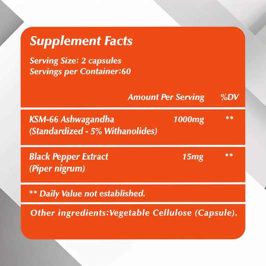 KSM-66 Ashwagandha Root Extract - Stress Support, Mood Soothing, Focuses Energy and Vitality, Replenishes Energy - 120 Capsules