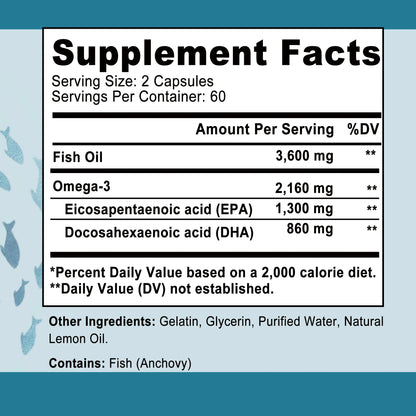 Omega 3 Fish Oil - Benefits The Cardiovascular System, Cognitive Function, and Learning Ability - 120 Capsules