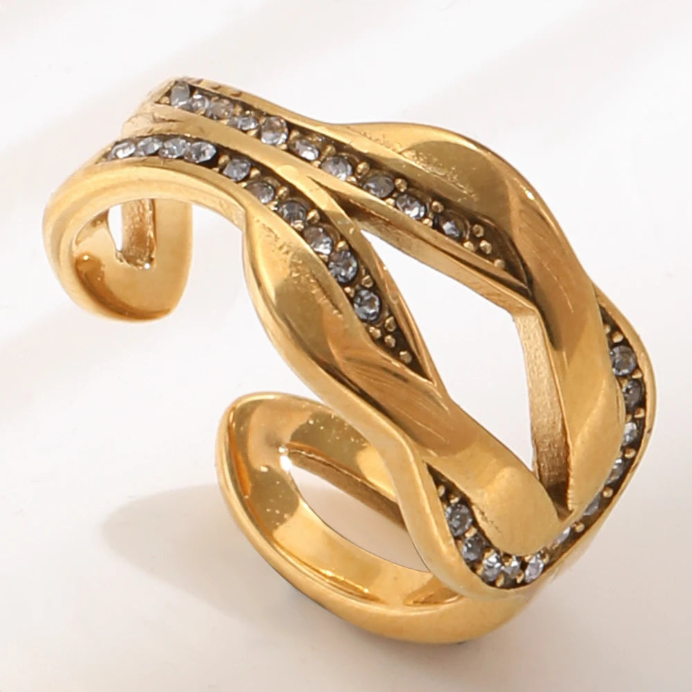 E.B.belle 18K Gold Plated Interwoven Open Rings Crystal Stainless Steel Minimalist Rings For Women Waterproof Jewelry For Gift