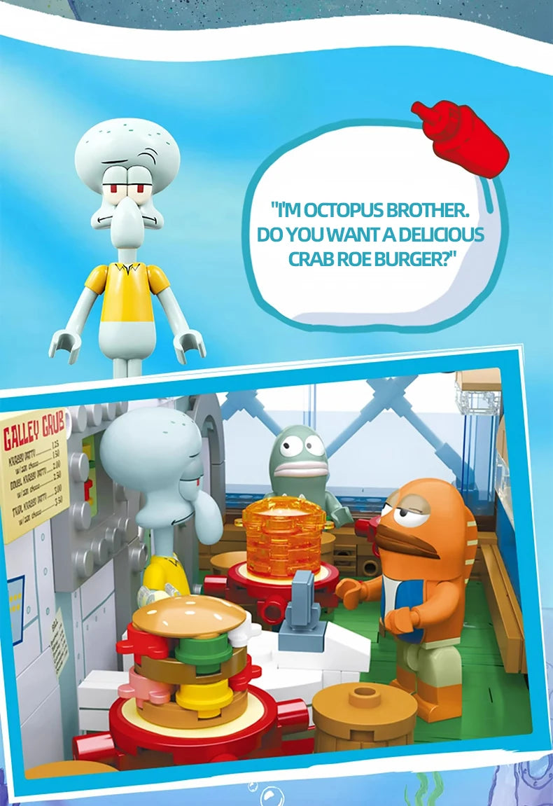 Spongebob Cartoon Krusty Krab Restaurant Building Blocks Creative Canteen Scenes Model Bricks Desktop Ornaments Toy For Kid Gift