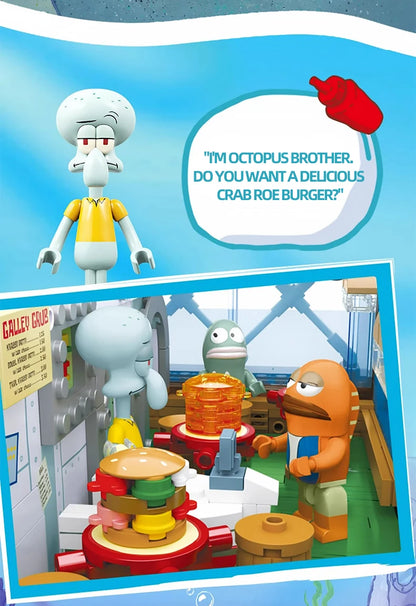 Spongebob Cartoon Krusty Krab Restaurant Building Blocks Creative Canteen Scenes Model Bricks Desktop Ornaments Toy For Kid Gift
