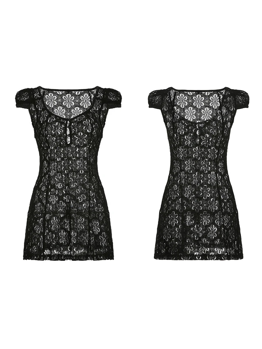 Edhomenn Women Short Flowy Dress Square Neck Cute White Mini Dress Backless Y2k A line Dress Ruffle Ruched Lace Dress
