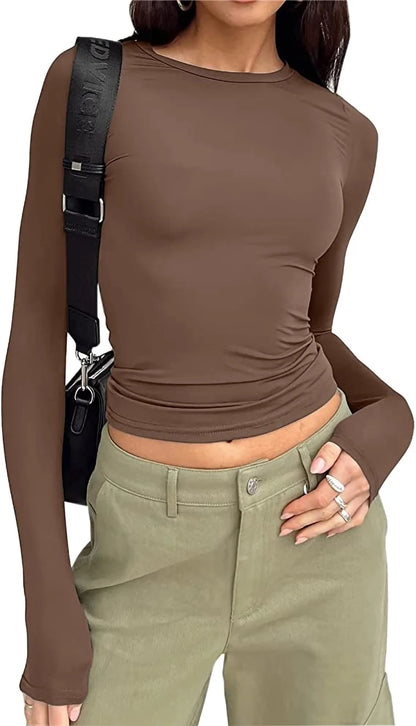 Solid Slim Fit Casual Women Long Sleeve T Shirt Spring Autumn Y2k Streetwear Crop Pullover Top Female O Neck Pullovers Basic Tee