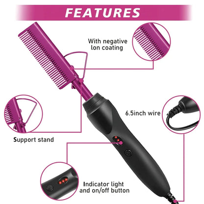GOIPLE 2 in 1 Electric Heat Comb Hot Hair Straightener Curling Iron for Wigs and Hair Styling Tools beginner Hair Extension Kit