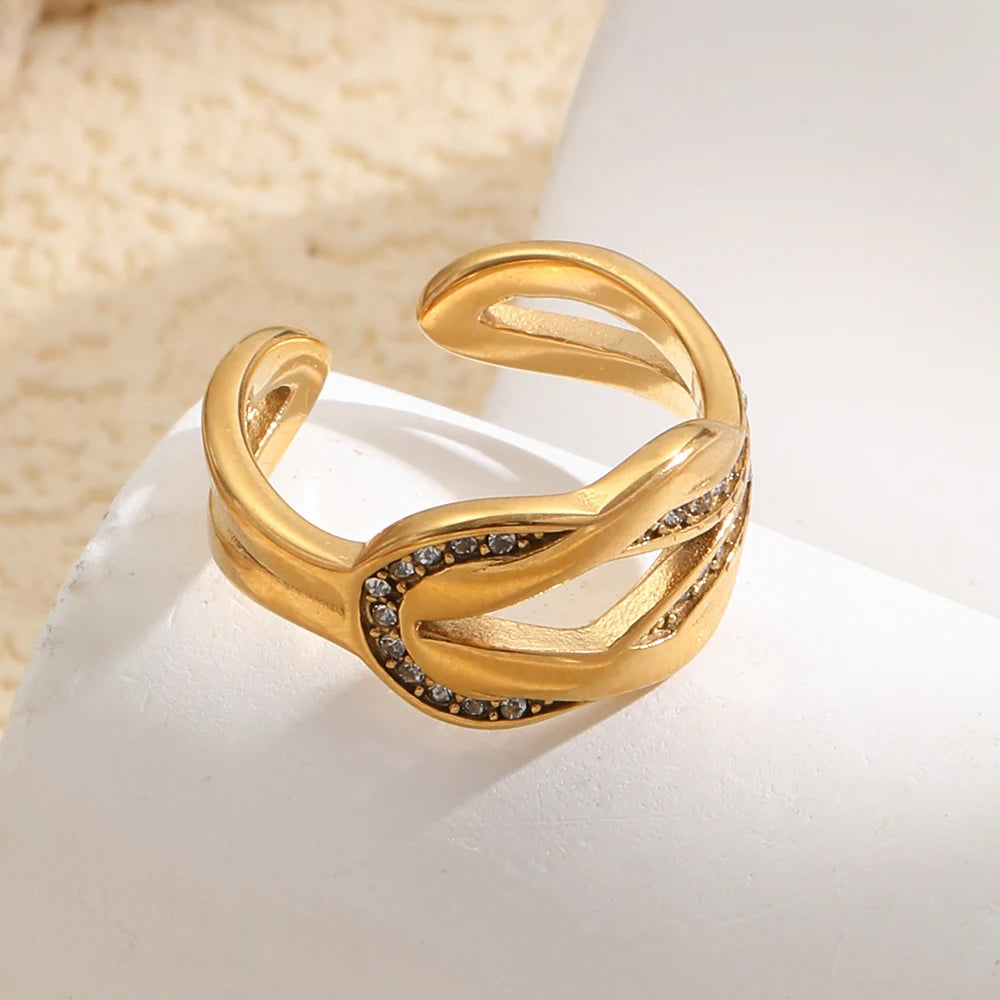 E.B.belle 18K Gold Plated Interwoven Open Rings Crystal Stainless Steel Minimalist Rings For Women Waterproof Jewelry For Gift