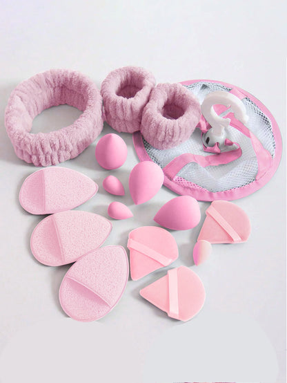 16pcs Makeup Tool Set With Storage Mesh Bag: 1 Mesh Bag, 1 Headband, 2 Wristbands For Face Wash, 3 Face Wash Gloves, 3 Powder