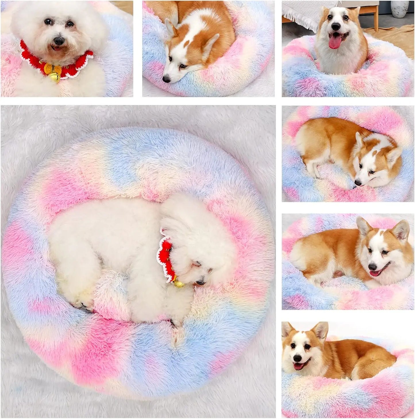 Colorful Anti Anxiety Fluffy Plush Washable Dog Cat Rabbit Bed Calming Donut pet Bed Improve Sleep lbs pet care