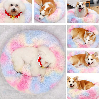 Colorful Anti Anxiety Fluffy Plush Washable Dog Cat Rabbit Bed Calming Donut pet Bed Improve Sleep lbs pet care