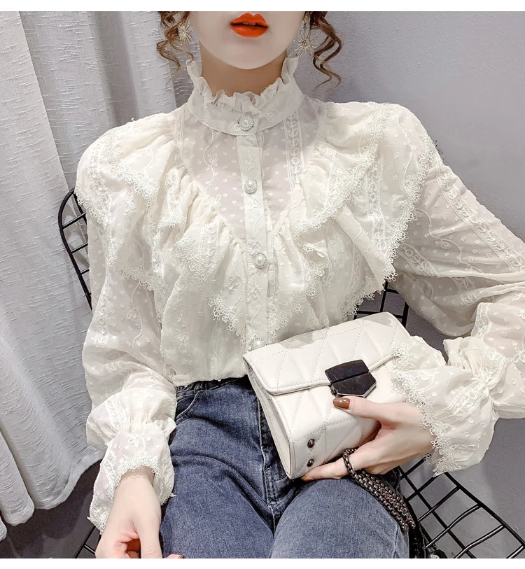 Spring Fashion  Long Sleeve Loose Button Women Shirt Elegant Stand Collar Pleated Tops Casual Ruffle Lace Blouse Blusas 15832