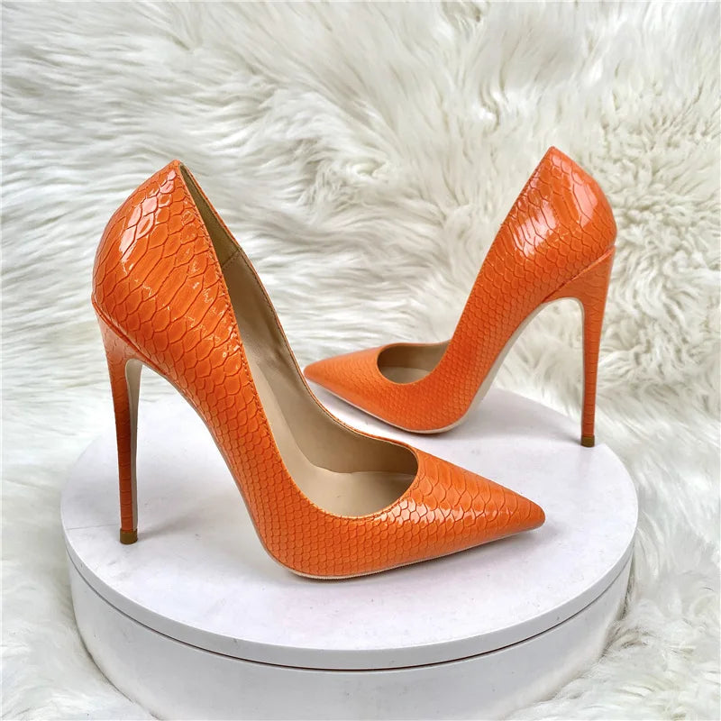 Women Orange Snake Pattern Pointed Toe Sexy 8/10/12Cm Customized Designer Shoes Plus Size 34-45 High Heels