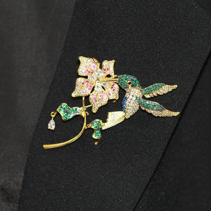 Trendy Floral Blooming Delicate Bird Zircon Exaggerated Brooch Luxury Temperament Flower Gold-plated Brooch Women New Year Gift