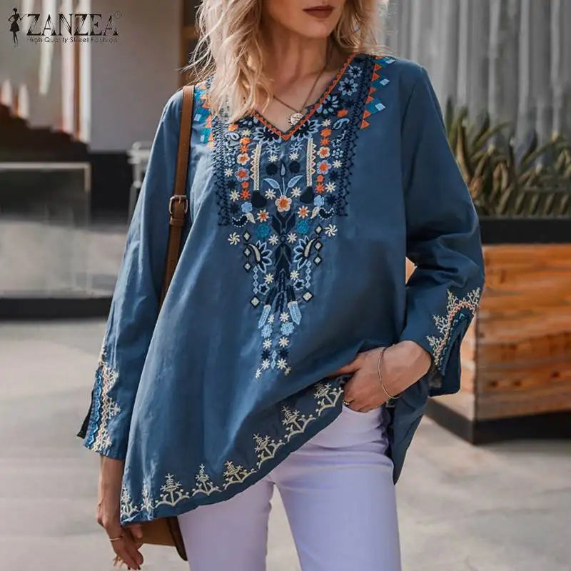ZANZEA Stylish Shirts 2023 Women Bohemian Floral Printed Blouse Spring V Neck Long Sleeve Tops Casual Holiday Blusas Chemise