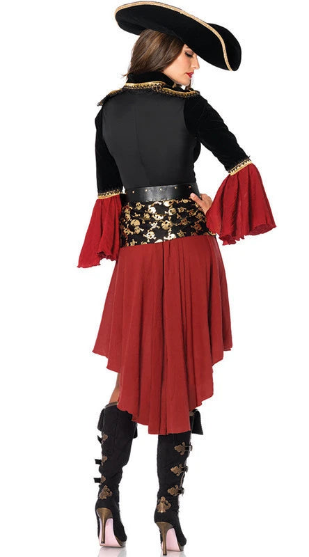 EtherealBe women's pirate costume featuring a red skirt and black bodice with stylish sleeves