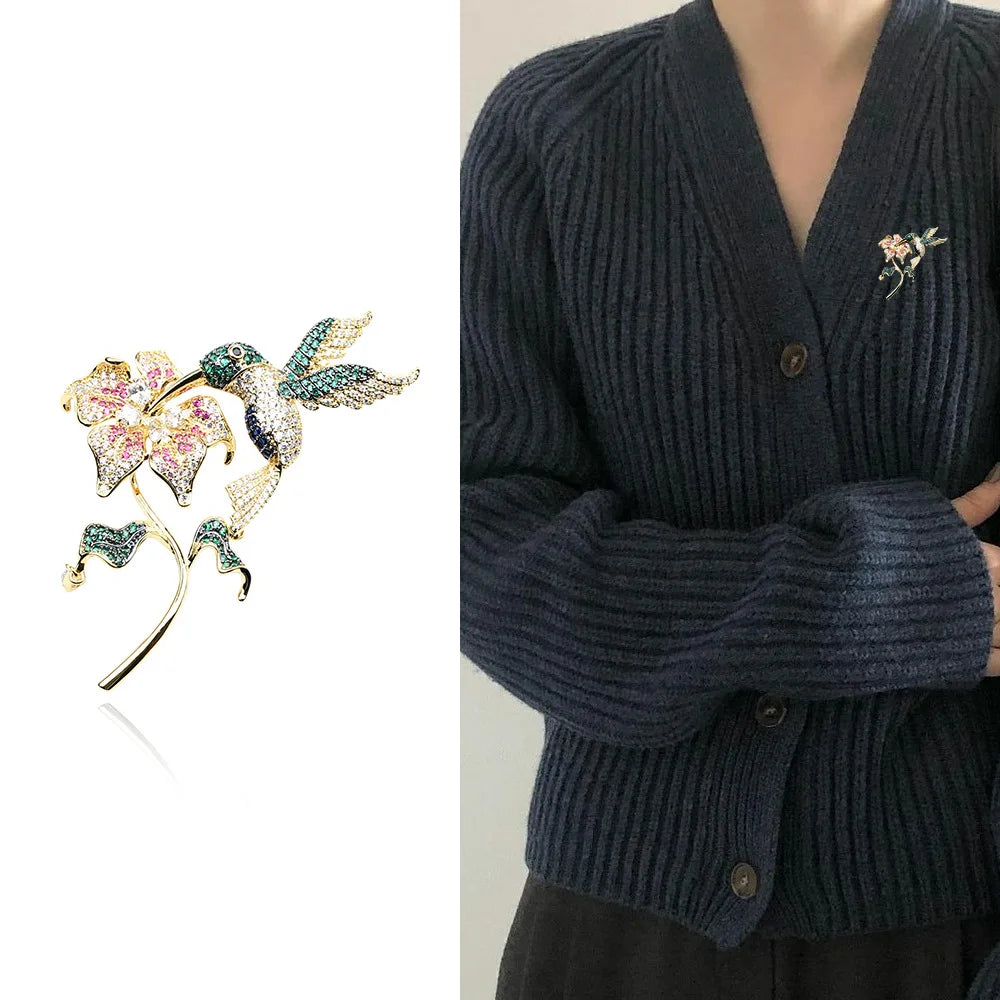 Trendy Floral Blooming Delicate Bird Zircon Exaggerated Brooch Luxury Temperament Flower Gold-plated Brooch Women New Year Gift